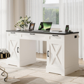 HOPUBUY Farmhouse Executive Desk with File Drawers,Wood Home Office Desk w/Charging Station,Adjustable Storage Cabinets,White Computer Writing Desk for Work,Study