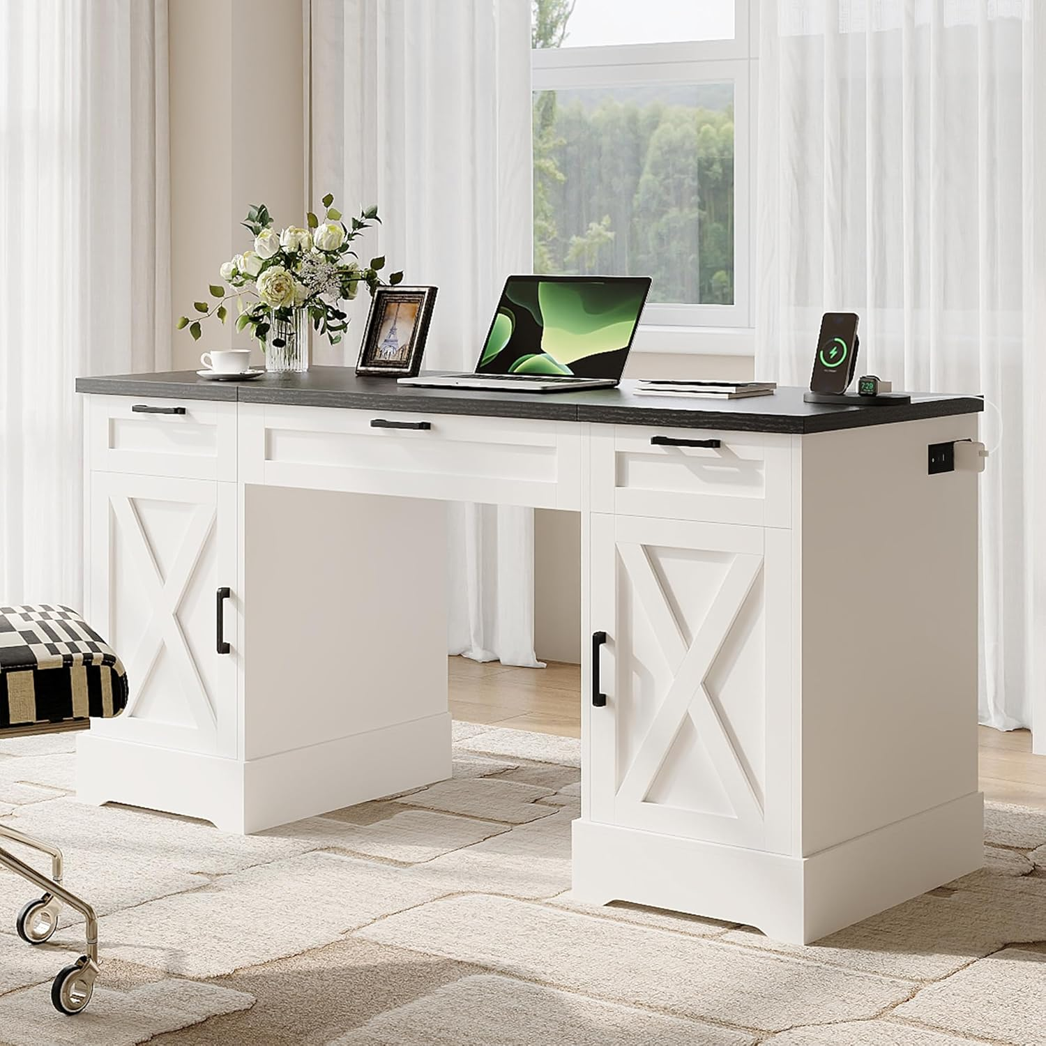 HOPUBUY Farmhouse Executive Desk with File Drawers,Wood Home Office Desk w/Charging Station,Adjustable Storage Cabinets,White Computer Writing Desk for Work,Study