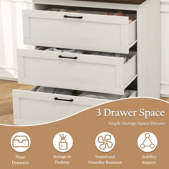 LAZZO 3-Drawer Dresser, Farmhouse Rustic Wood Chest of Drawers, Wide Storage Organizer for Bedroom, Living Room, Entryway, White