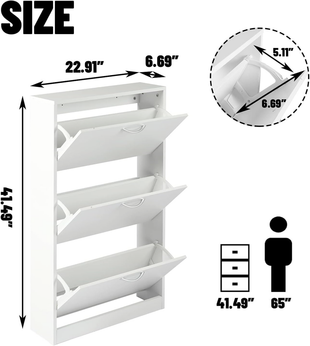 HOPUBUY Shoe Cabinet for Entryway, White Narrow Shoe Storage Cabinet Flip Down Shoe Rack Wood 3 Tier Shoe Organizer for Home and Apartment