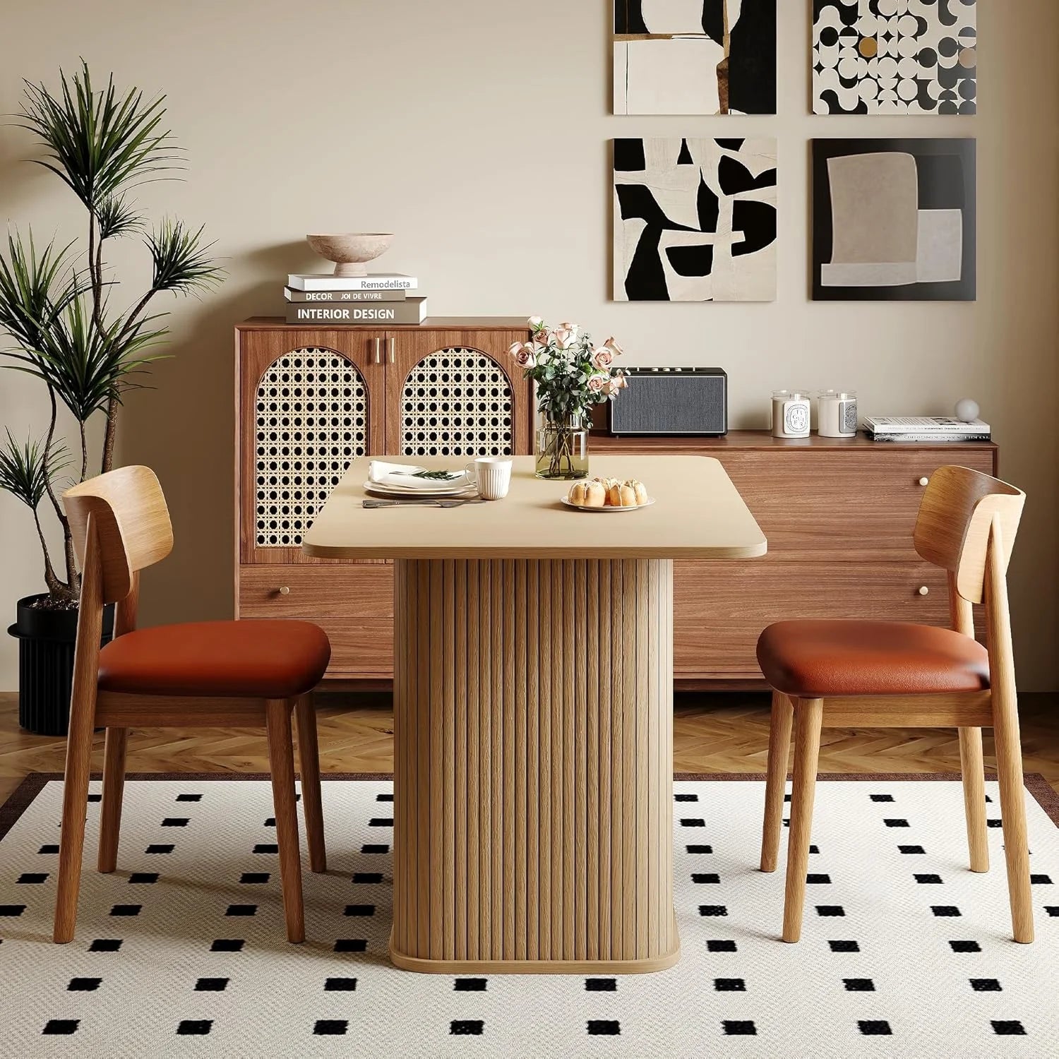 LAZZO 43.3" Dining Table for 4 People, Small Rectangular Kitchen Table with 3-Tier Storage Shelf, Modern Farmhouse Fluted Wood Table for Dining Room, Oak