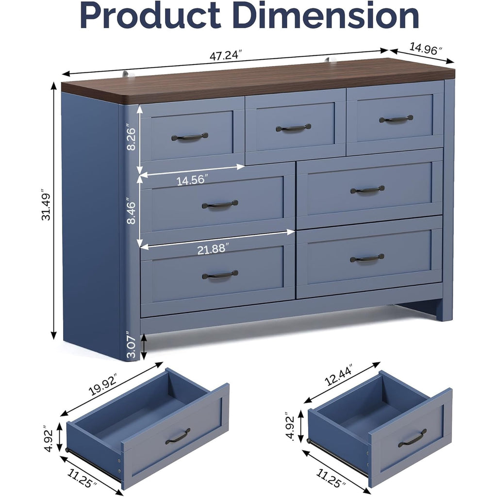 LAZZO 7-Drawer Wide Dresser, 47" Modern Wooden Storage Chest for Bedroom Living Room Hallway, Navy Blue