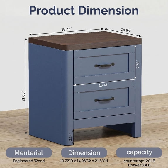 LAZZO Nightstand Set of 2, Farmhouse Wooden Bedside Table with 2 Drawers, Storage End Side Table for Bedroom, Blue