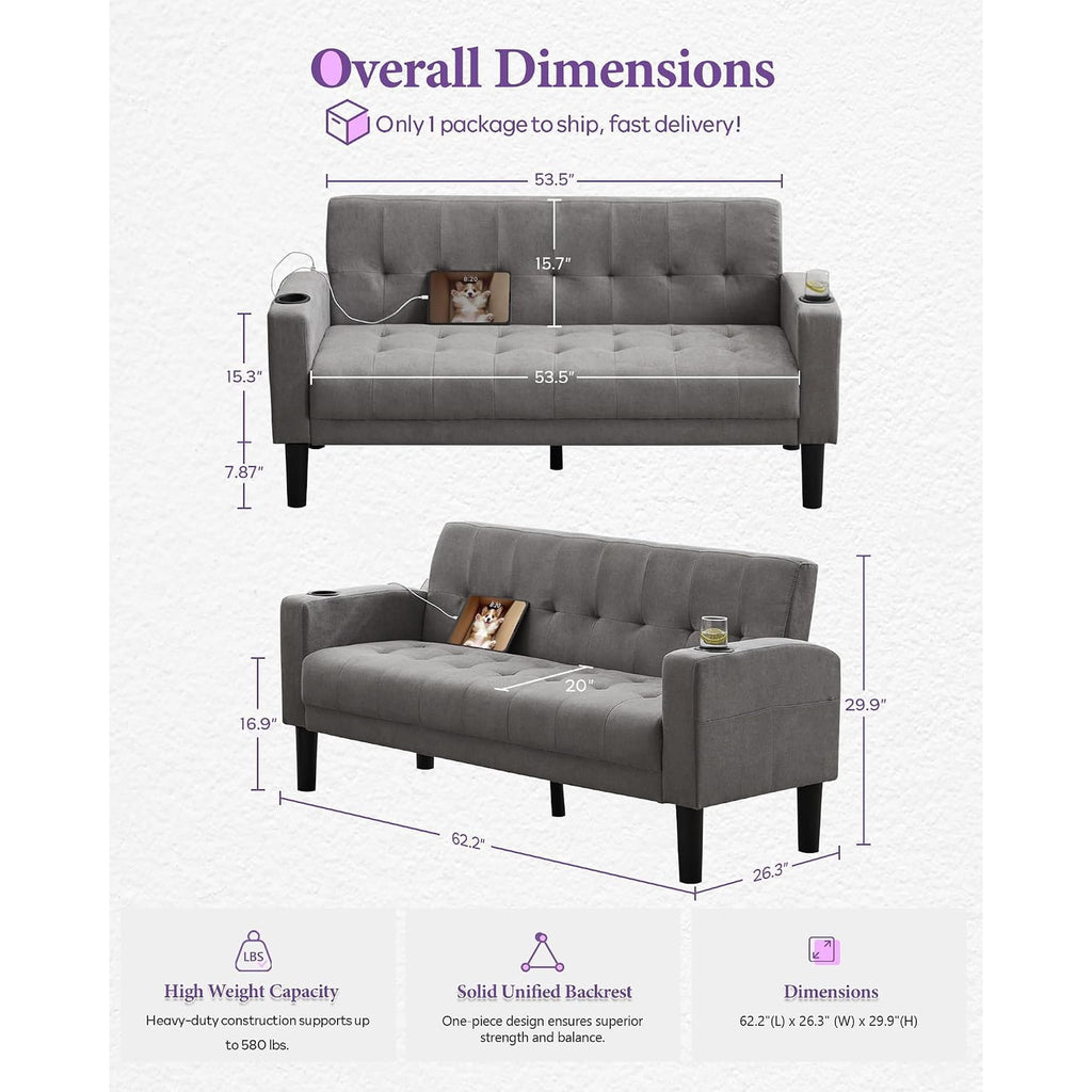 LAZZO 62" Loveseat, Mid-Century Modern Linen Upholstered Tufted Couch with USB Charging Ports and Cupholders, Light Gray