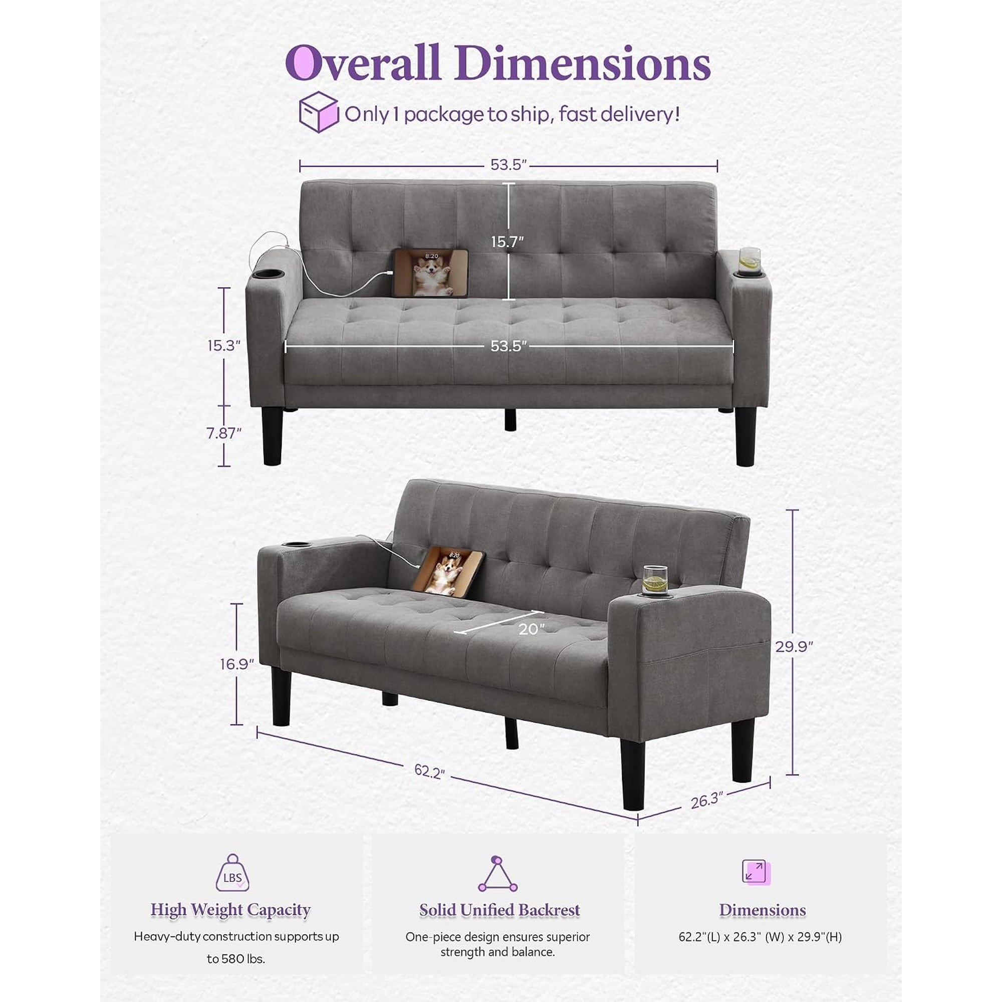 LAZZO 62" Loveseat, Mid-Century Modern Linen Upholstered Tufted Couch with USB Charging Ports and Cupholders, Light Gray