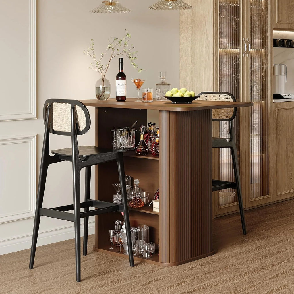 LAZZO 43.5" Kitchen Island with Storage, 3-Tier Farmhouse Counter Height Table, Rustic Wood Coffee Bar Table for Kitchen & Dining Room, Walnut