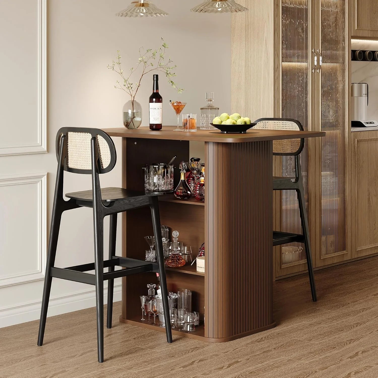 LAZZO 43.5" Kitchen Island with Storage, 3-Tier Farmhouse Counter Height Table, Rustic Wood Coffee Bar Table for Kitchen & Dining Room, Walnut