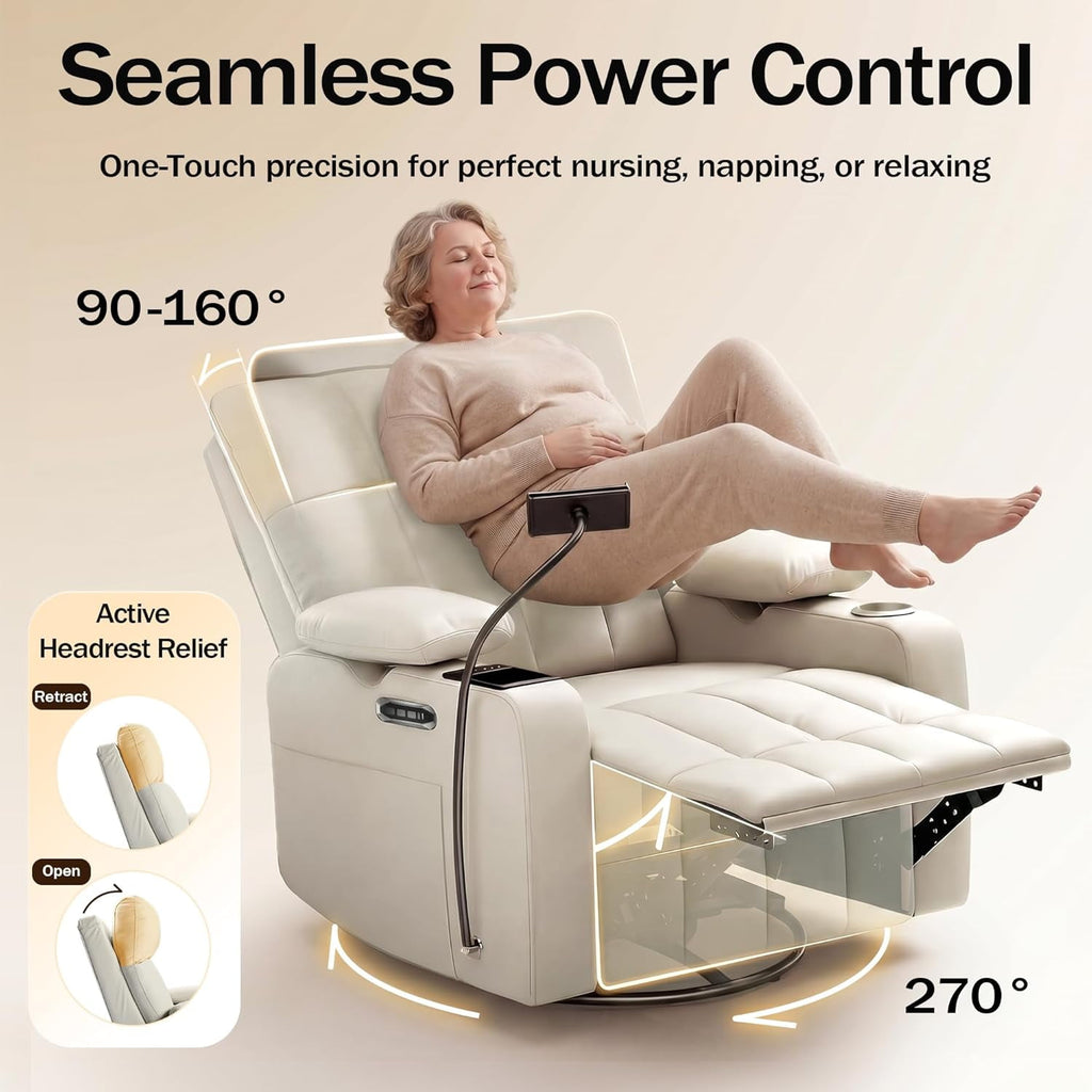 LAZZO Power Recliner Chair, Swivel Rocking Nursery Glider with Adjustable Headrest and Armrests, USB Charging and Cup Holder, Beige