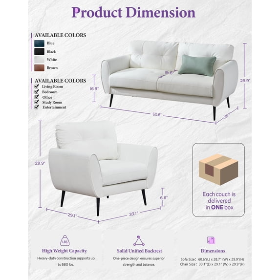 LAZZO 61“ Loveseat Sofa, Tufted Faux Leather 2-Seater Couch for Small Spaces, White
