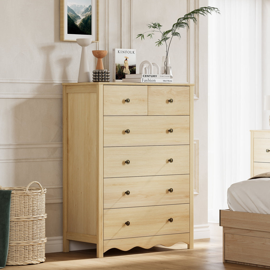 LAZZO 6-Drawer Dresser, 43.3" Tall Wood Chest of Drawers with Metal Handles for Bedroom and Living Room, Natural Wood
