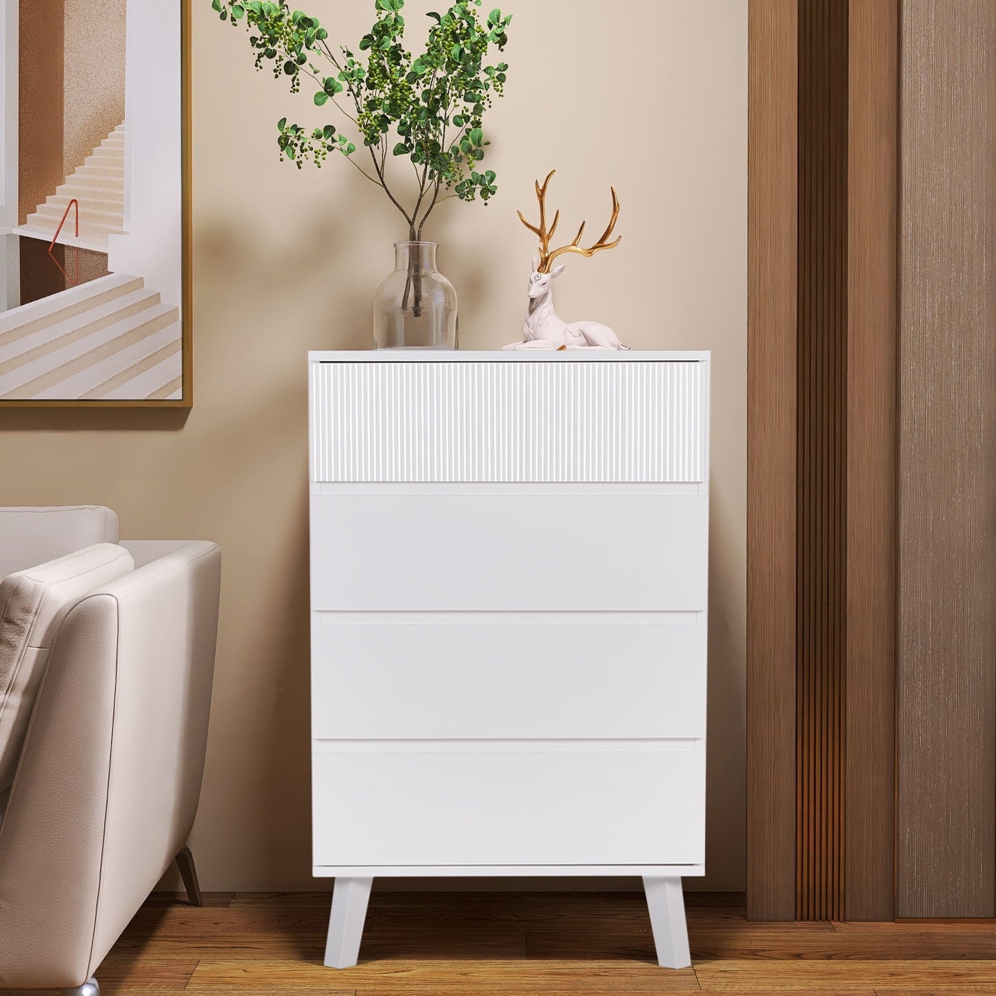 Modern White Dresser 4 Drawer Tall Chest of Drawers for Bedroom Wood Organizer with Wide Storage Space, Storage Tower Clothes Organizer Large Storage Cabinet for Bedroom, Living Room, Hallway