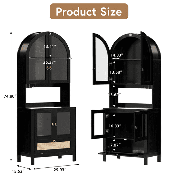 LAZZO 75" Arched Pantry Cabinet with Glass Door & Drawer, Storage Cupboard with Anti-Tipping Device, Black
