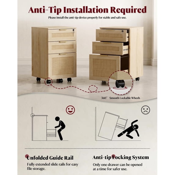 LAZZO Wood File Cabinet with Lock, 3-Drawer Rattan-Front Rolling Cabinet for Under Desk and Home Office, Natural Wood Finish