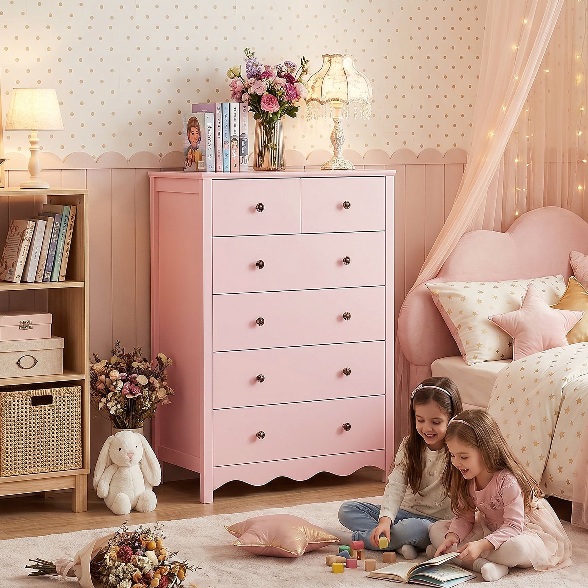 LAZZO 6-Drawer Dresser, 43.3" Tall Wood Chest of Drawers with Metal Handles for Bedroom and Living Room, Pink