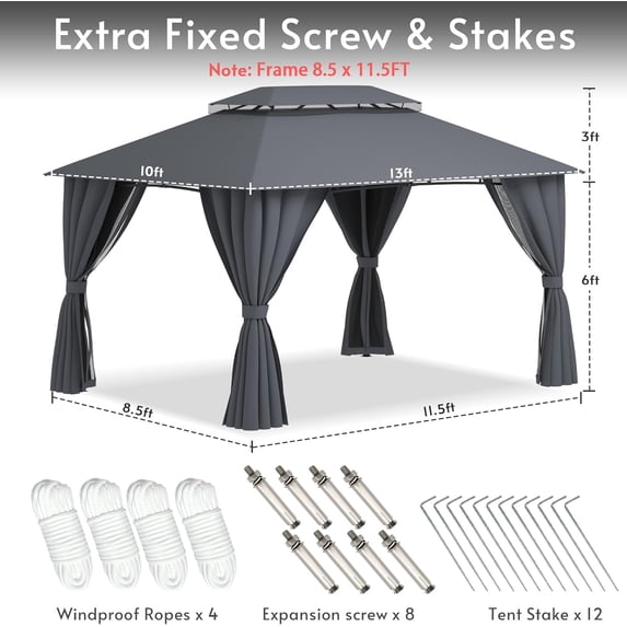 LAZZO 10'x13' Outdoor Gazebo, Double Roof Metal Frame Patio Canopy with Mosquito Netting & Privacy Screens, Gray