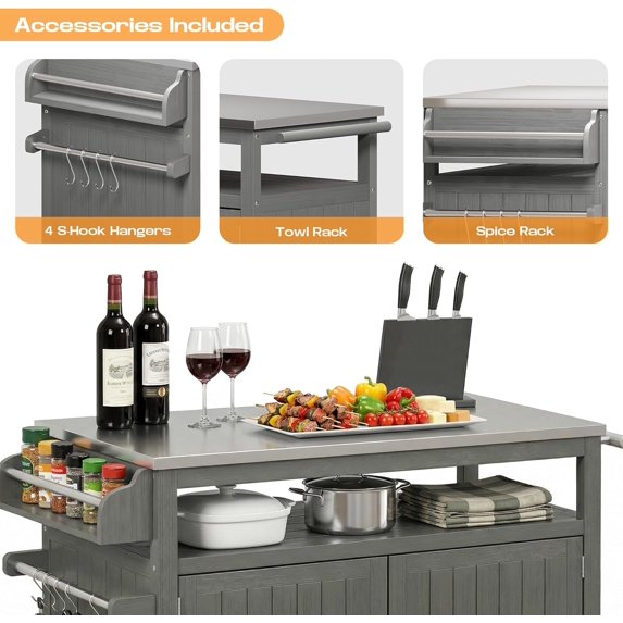 LAZZO Outdoor Grill Cart with Storage Cabinet, 43.3" Kitchen Island Station with Stainless Steel Top, Gray