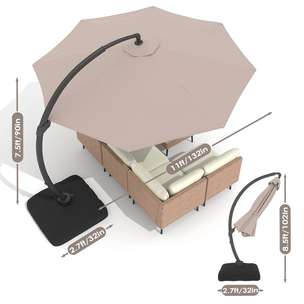 LAZZO 11FT Patio Umbrella with Base, Outdoor Deluxe Cantilever Cantilever Umbrella for Patio Pool Deck, Champagne