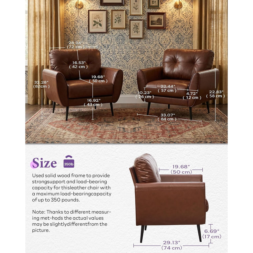 LAZZO Tufted Leather Accent Chair, Mid-Century Modern Upholstered Armchair for Living Room and Bedroom, Brown