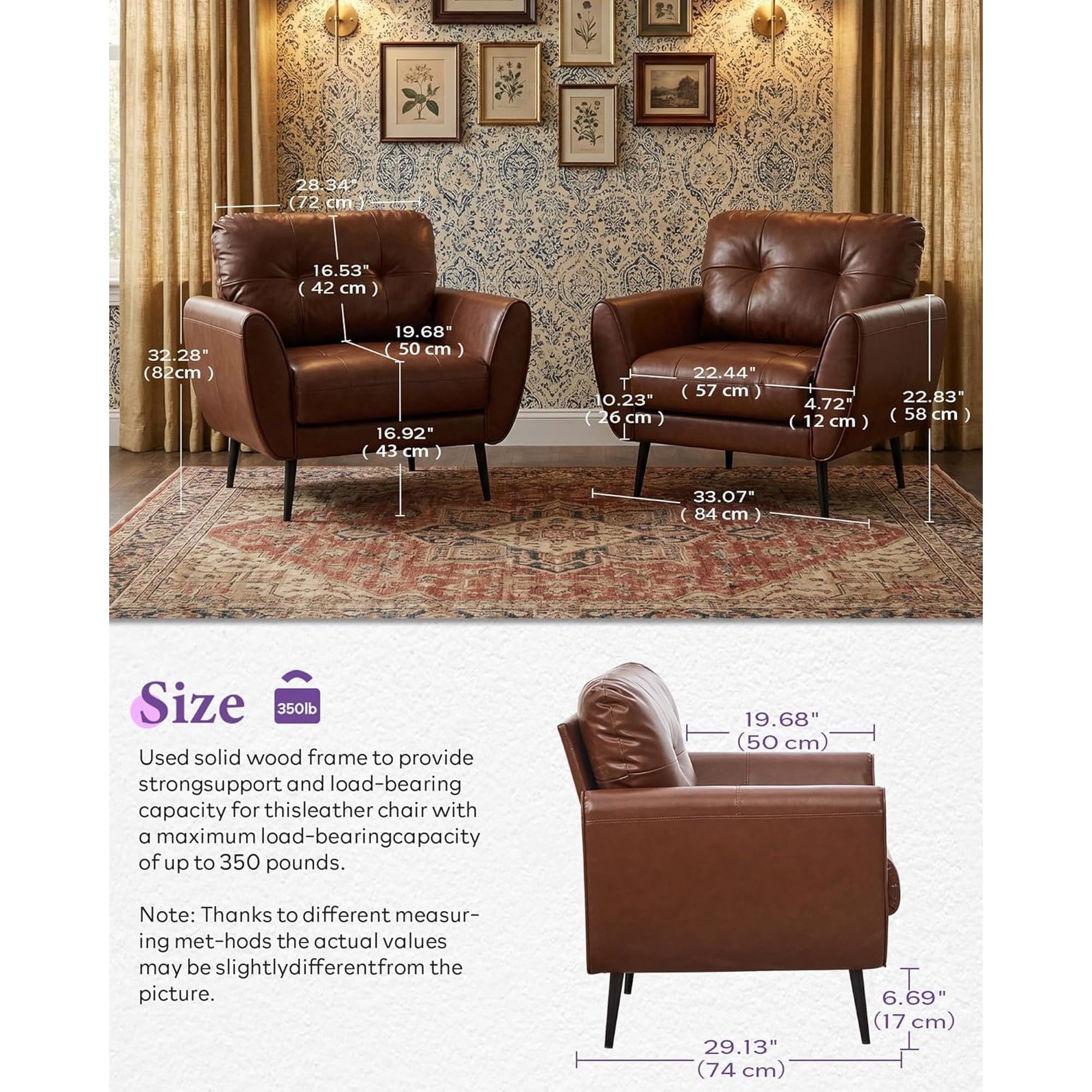 LAZZO Tufted Leather Accent Chair, Mid-Century Modern Upholstered Armchair for Living Room and Bedroom, Brown
