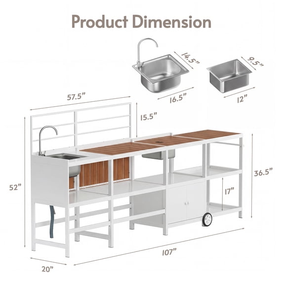 LAZZO Outdoor Kitchen Serving Station with Sink, Modular Aluminum Patio Kitchen Set with Grill Cart, Ice Box and Large Countertop, White
