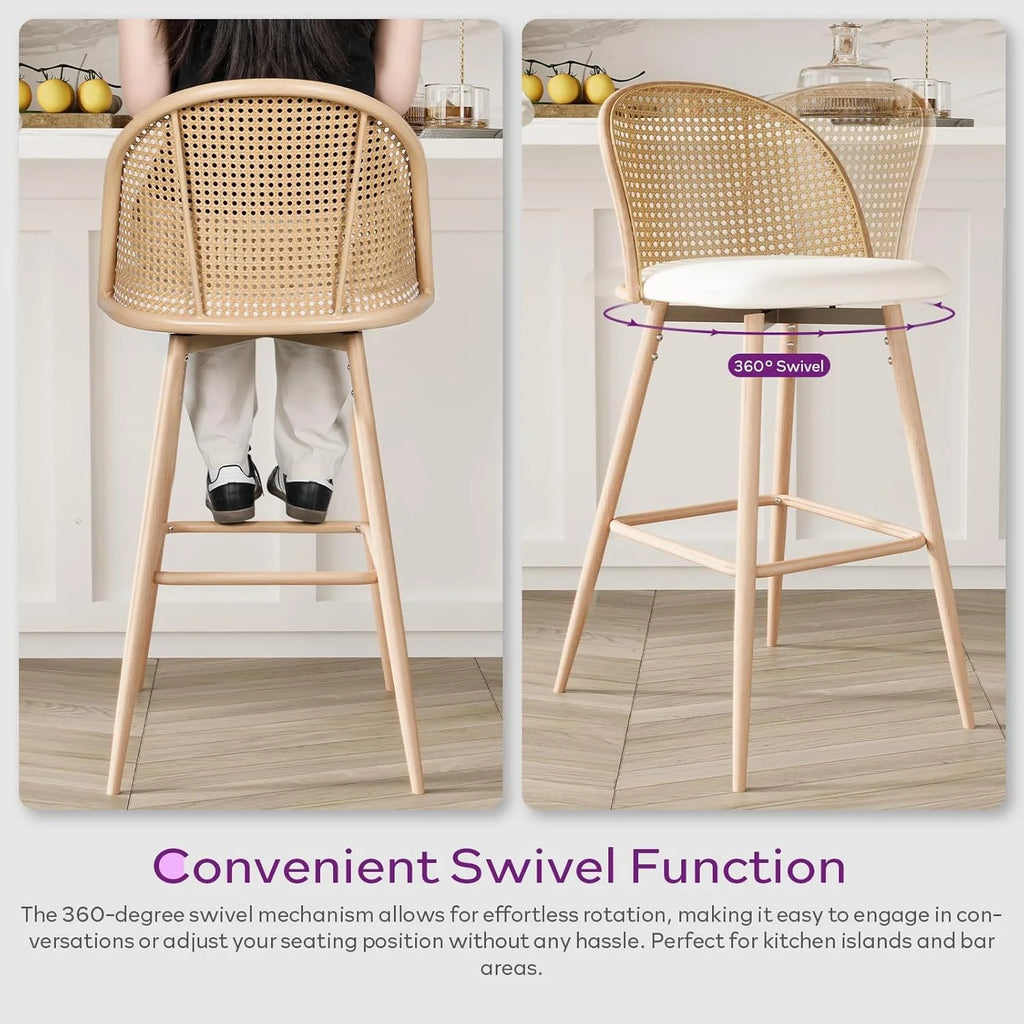 LAZZO 29" Swivel Counter Height Bar Stools with Rattan Backrest, Mid-Century Boho Faux Leather Bar Chairs for Kitchen Island, Set of 2, White