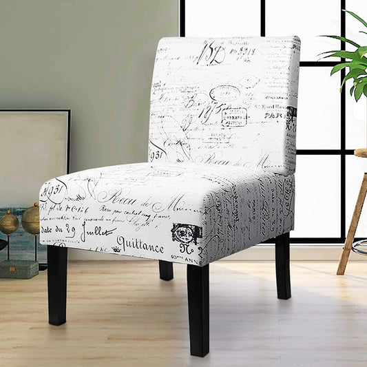 Modern Fabric Armless Accent Chair Decorative Slipper Chair Vanity Chair for Bedroom Desk, Corner Side Chair Living Room Furniture English Letter Print White