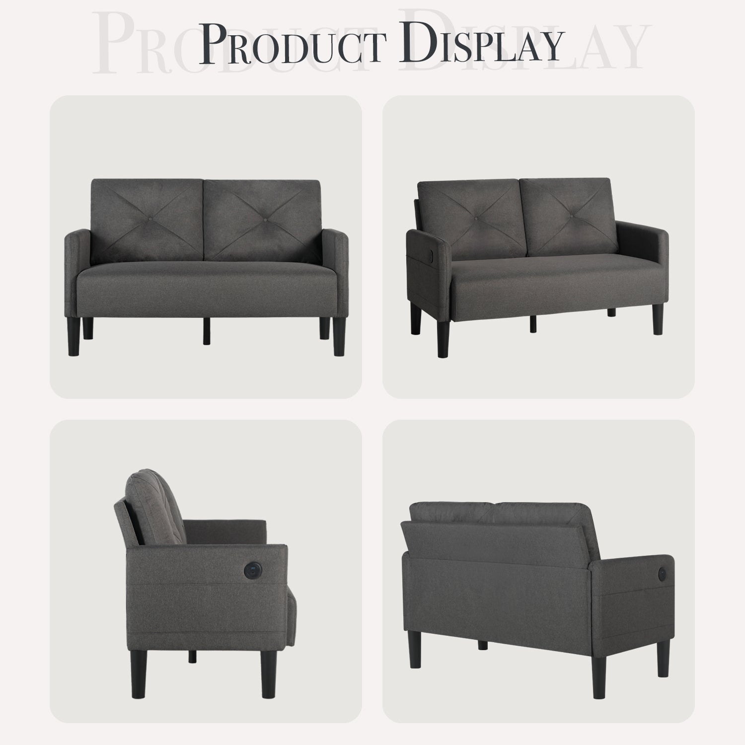 CHYMSUN Loveseat Sofa, 2 Pieces Set Mid Century Modern Sofa Couch w/ 2 USB & Side Pocket, Tufted Small Love Seat Sofas for Living Room, Small Spaces, Office, Apartment Furniture (2, Dark Grey)