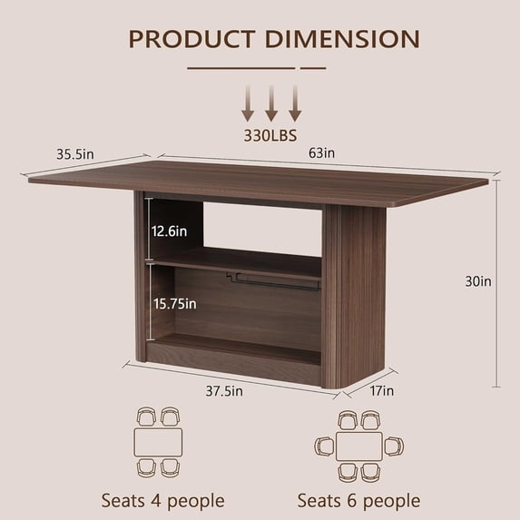 LAZZO 63.3" Rectangular Dining Table for 6 People, Modern Farmhouse Kitchen Table with 2-Tier Storage Shelf, Fluted Wood Table, Walnut