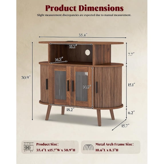 LAZZO Mid Century Record Player Stand with Charging Station, Audio Turntable Stand with USB Ports, Touch LED Light, Wave Glass Door, Walnut