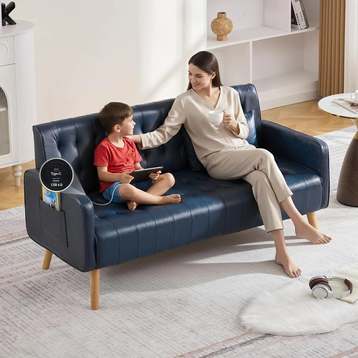 LAZZO 57" Mid-Century Modern Loveseat Sofa, Faux Leather Tufted Small Couch with USB Charging Ports & Pockets, Blue