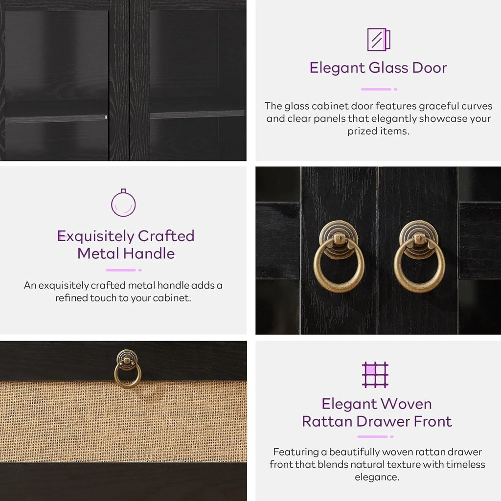 LAZZO 71" Tall Arched Pantry Cabinet with Glass Door & Drawer, Storage Cupboard with Anti-Tipping Device, Black