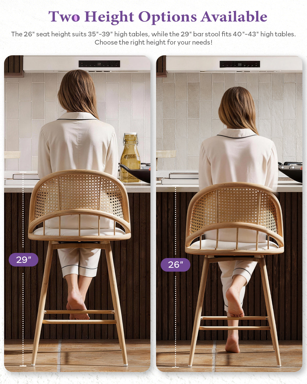29'' BarStools Set of 4 w/Rattan Backrest, Swivel Counter Height Bar Stools