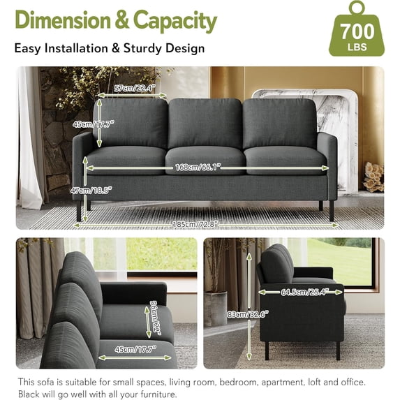 LAZZO 72" Linen Fabric Couch, 3-Seater Sofa with USB Charging Ports and Side Pockets for Living Room, Bedroom and Office, Dark Gray