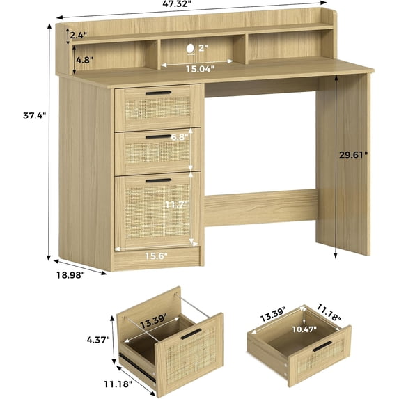 LAZZO 47" Wooden Computer Desk, Boho Home Office Writing Desk with Rattan Drawers, Hutch and Monitor Stand for Bedroom and Living Room