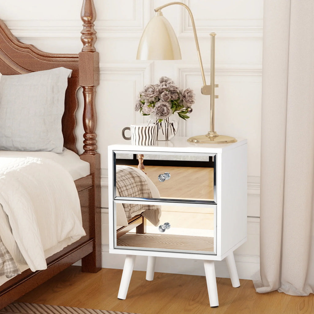 LAZZO Mirrored Nightstand Set of 2, Modern White 2-Drawer Bedside Table for Bedroom and Living Room
