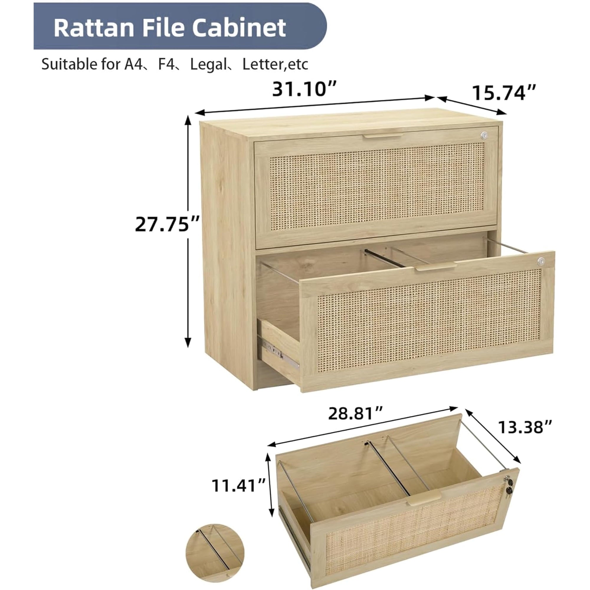 LAZZO 2-Drawer Lateral File Cabinet with Lock, Rattan-Front Wood Cabinet for Letter, Legal, A4 and F4 Files, Natural Wood Finish