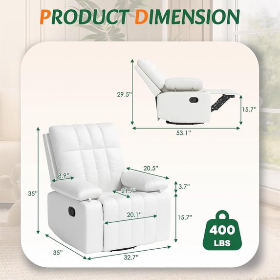LAZZO Recliner Chair with Adjustable Armrest, Upholstered Swivel Rocking Chair for Nursery & Living Room, White