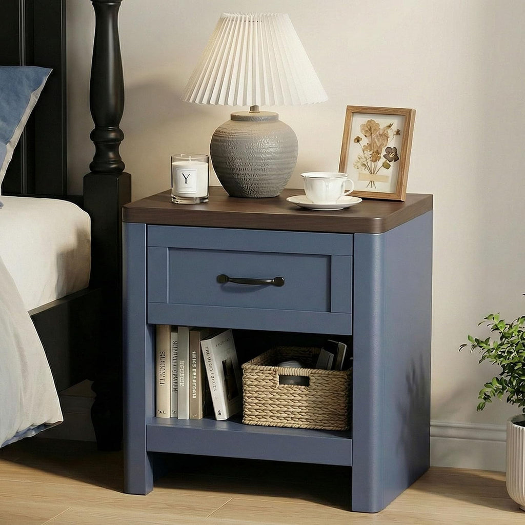 LAZZO Nightstand Set of 2, Farmhouse Wooden Bedside Table with 1 Drawer, Storage End Side Table for Bedroom, Blue