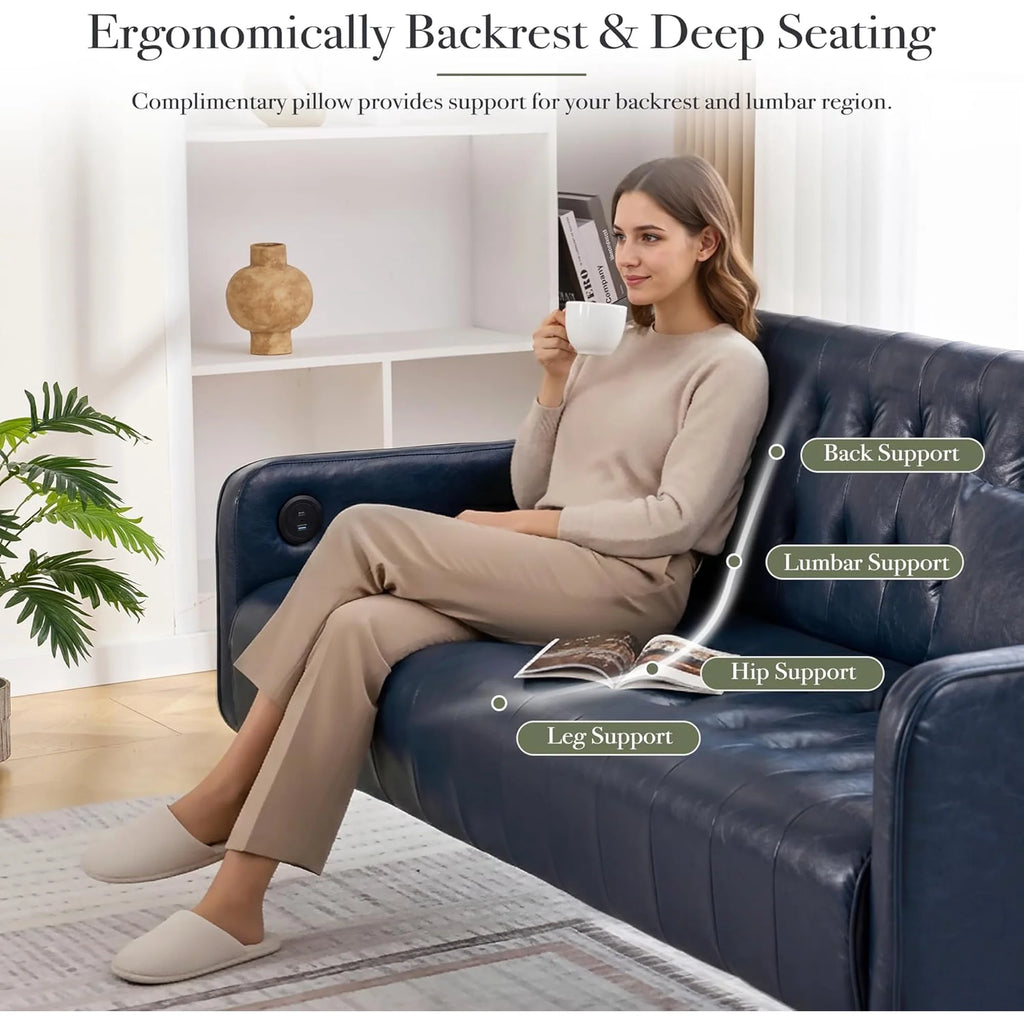 LAZZO 57" Mid-Century Modern Loveseat Sofa, Faux Leather Tufted Small Couch with USB Charging Ports & Pockets, Blue