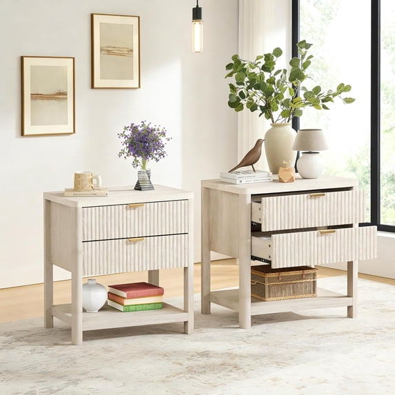 LAZZO Nightstands Set of 2, Modern Wooden Nightstand with 2 Drawers & Open Storage Shelf for Bedroom, Beige
