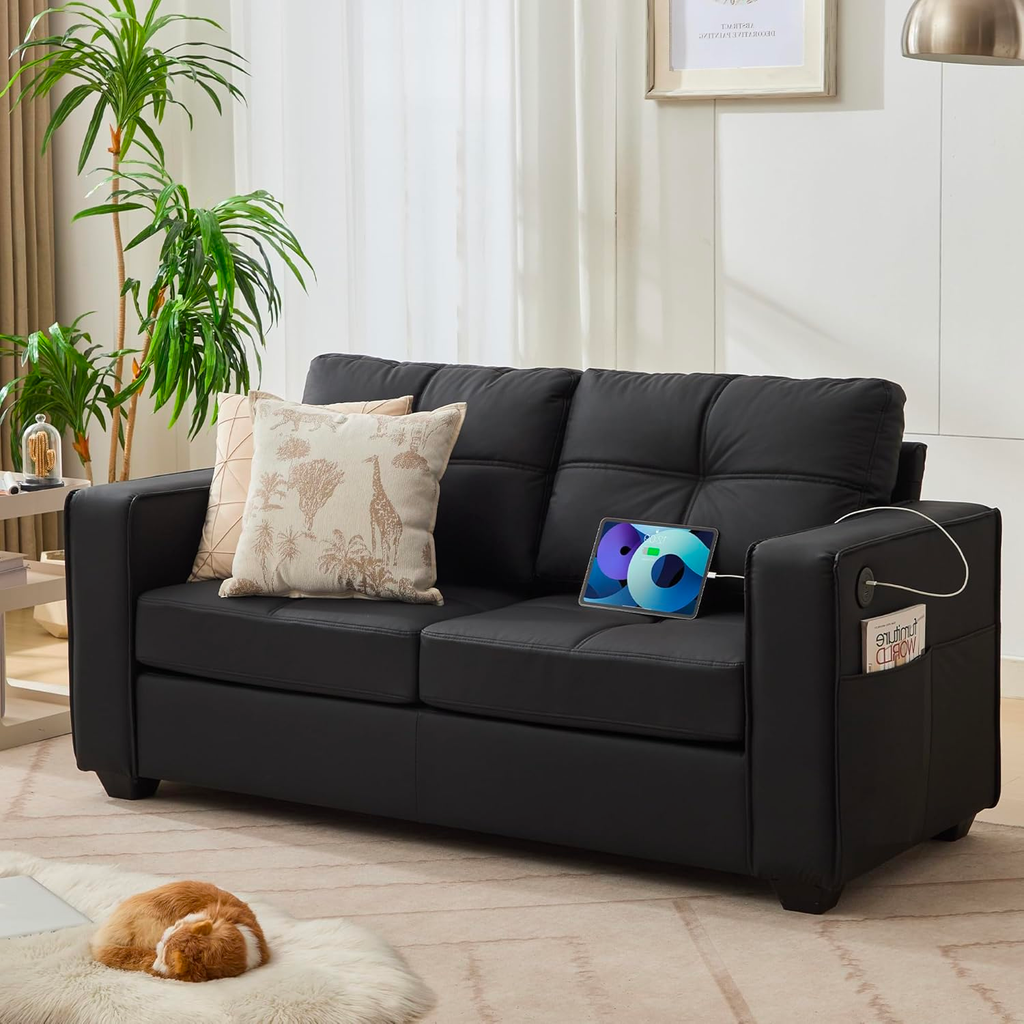 TYBOATLE 65" Faux Leather Loveseat for Living Room, Mid-Century Modern Tufted Comfy Loveseat w/USB Charging Ports and Wide Arms, 2 Seater Office Small Couch for Small Space Bedroom, Black