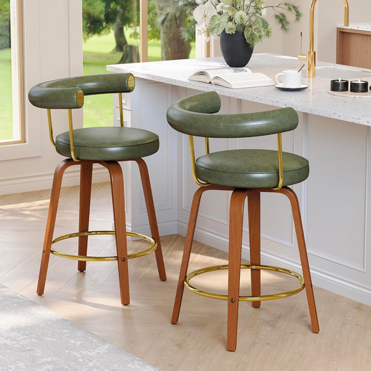 TYBOATLE Swivel Bar Stools Set of 2, 26” Counter Height Bar Stools with Bent Wood Legs and Back, Mid-Century Modern Faux Leather Bar Chairs Island Barstools for Kitchen (2, Olive Green)