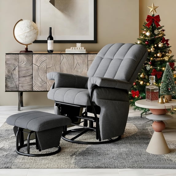 LAZZO Swivel Rocking Recliner Chair, Nursery Glider Chair with Ottoman and Side Pockets for Living Room and Bedroom, Gray