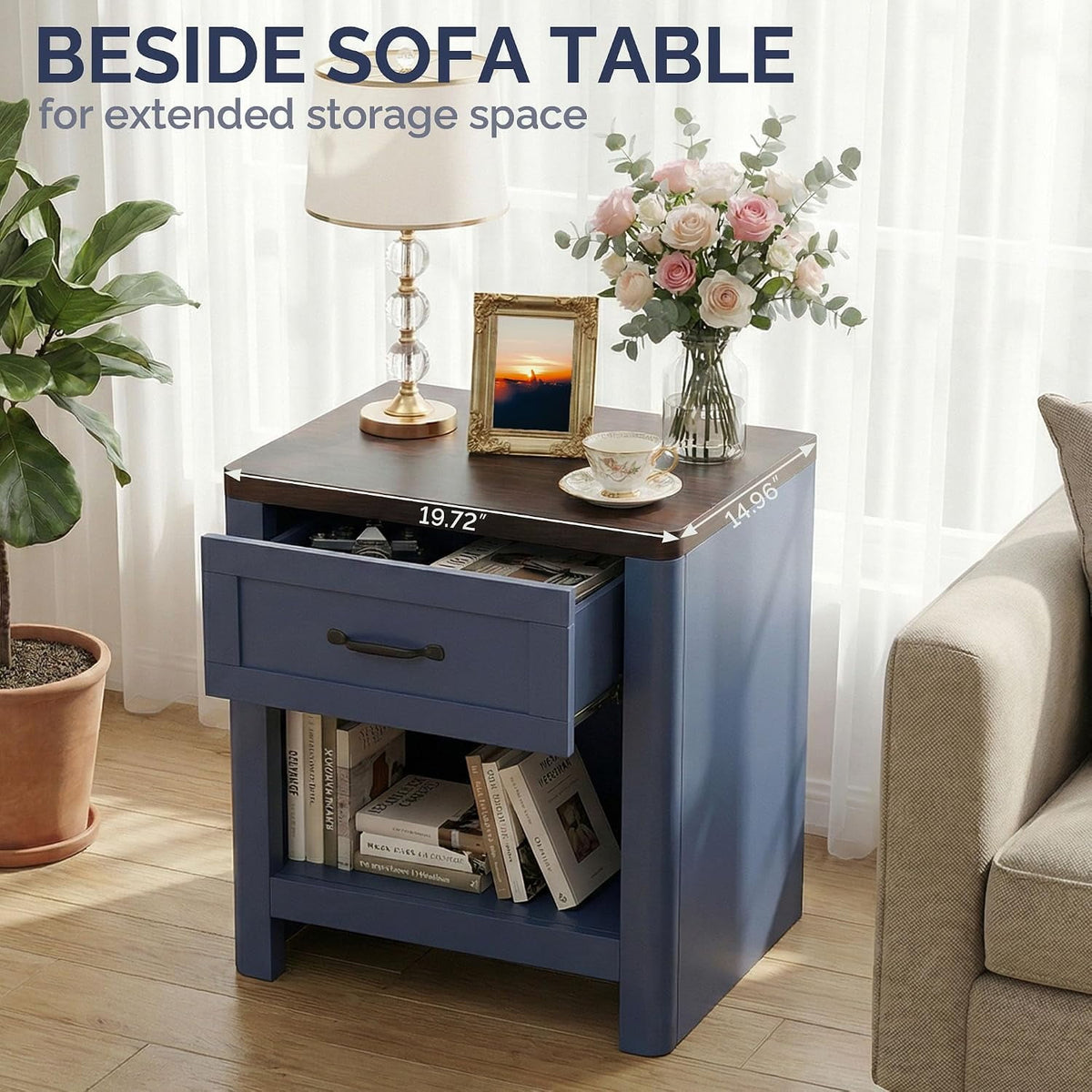 LAZZO Nightstand Set of 2, Farmhouse Wooden Bedside Table with 1 Drawer, Storage End Side Table for Bedroom, Blue