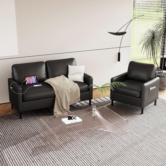 LAZZO Accent Chair, Faux Leather Upholstered Armchair for Living Room, Bedroom and Apartment, Black