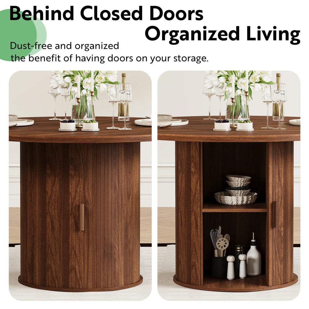 LAZZO 47" Round Dining Table with Storage, Modern Fluted Side Shelf, Seats 4-6 for Kitchen Dining Room, Walnut