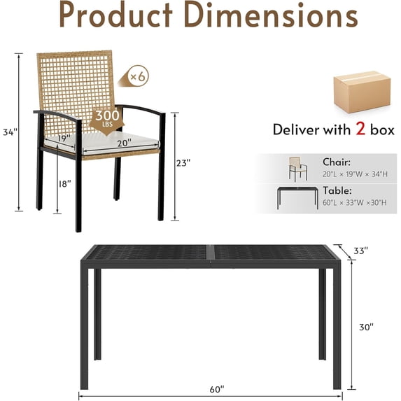 LAZZO 7-Piece Outdoor Dining Set, Patio Wicker Furniture with Aluminum Table and Cushions, Beige
