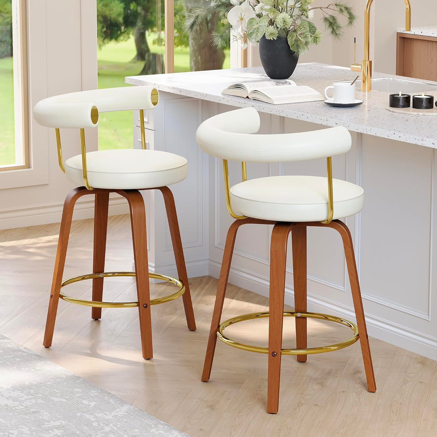 TYBOATLE Swivel Bar Stools Set of 2, 26” Counter Height Bar Stools with Bent Wood Legs and Back, Mid-Century Modern Faux Leather Bar Chairs Island Barstool for Kitchen (2, White)