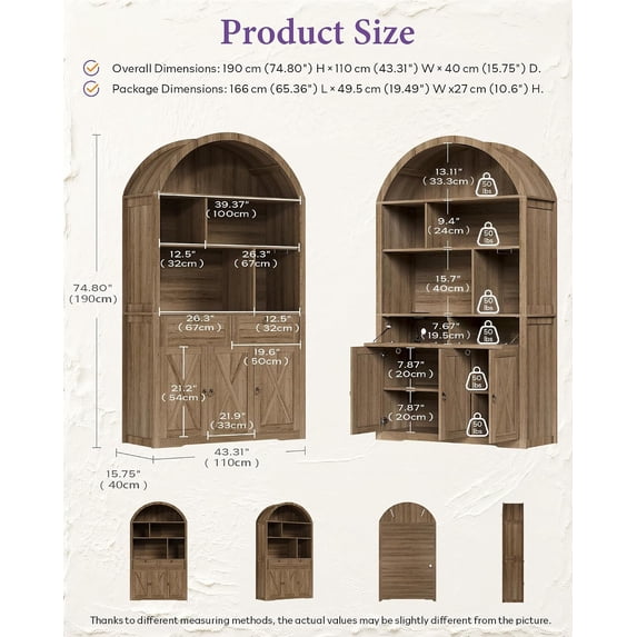 LAZZO 75” Arched Pantry Cabinet, Farmhouse Storage Cabinet with Built-In Power Strip, Anti-Tip Device and Open Shelves, Natural Wood