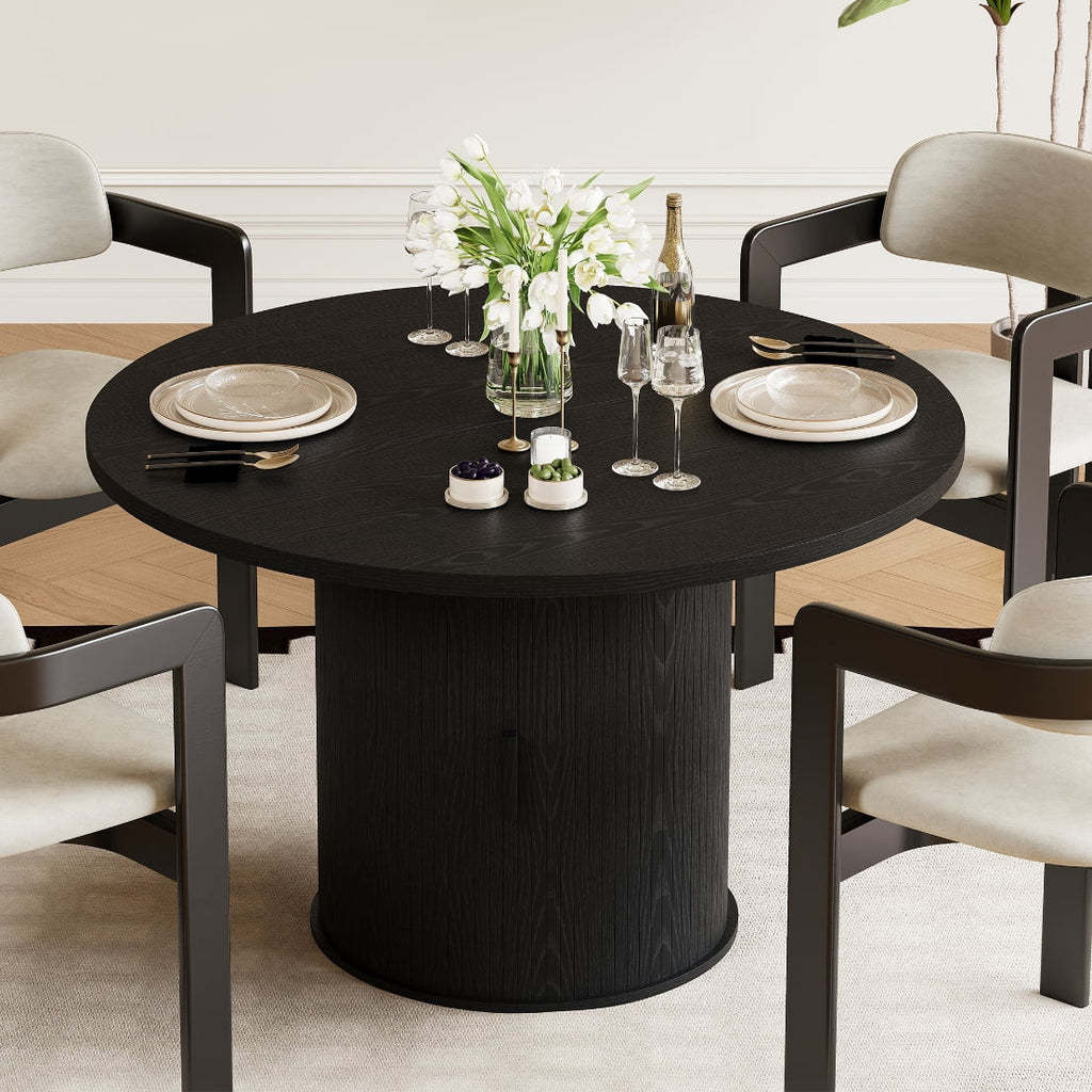 LAZZO 47" Round Dining Table with Storage, Modern Fluted Side Shelf, Seats 4-6 for Kitchen Dining Room, Black